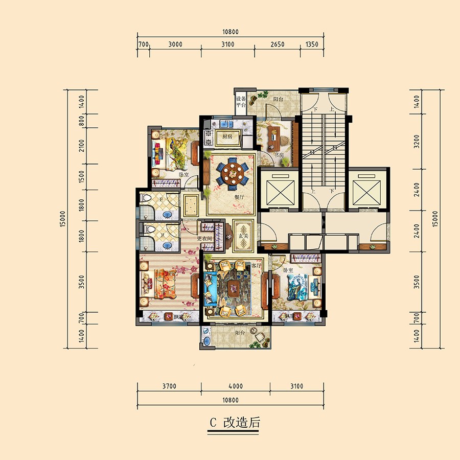C戶型改造后 建筑面積：128平