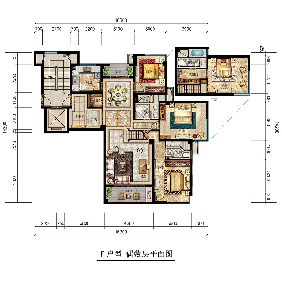 F戶型 偶數層平面圖 建筑面積：